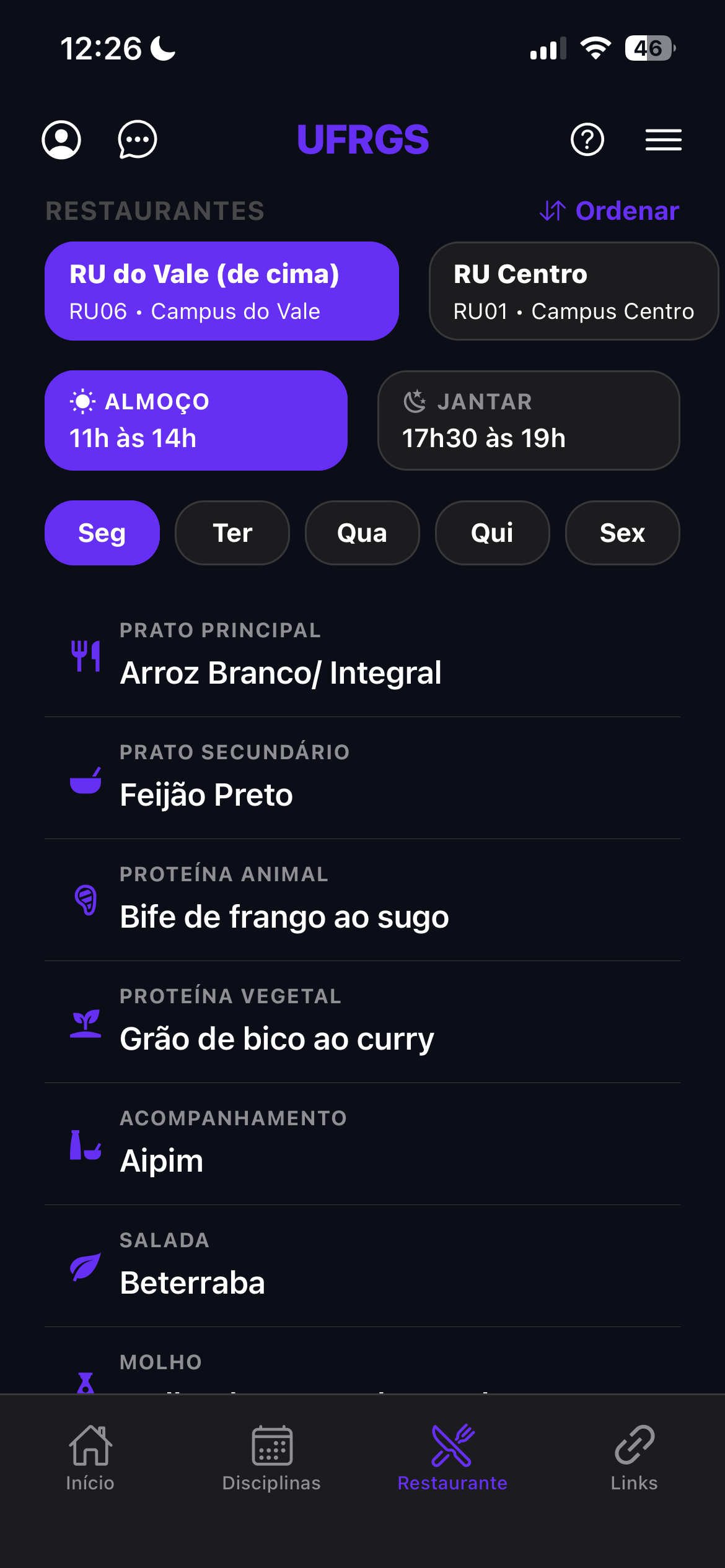 Cardápio do RU